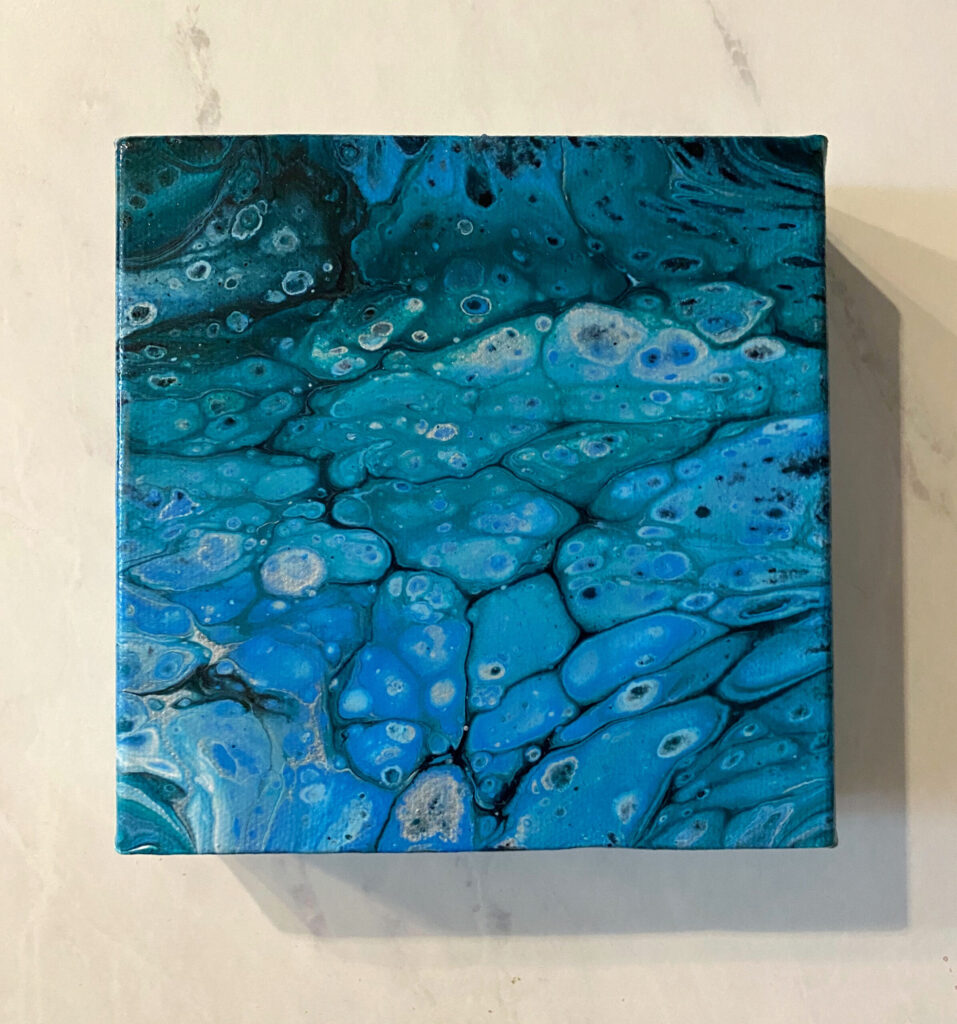 Blue acrylic fluid art painting on canvas. 6x6”