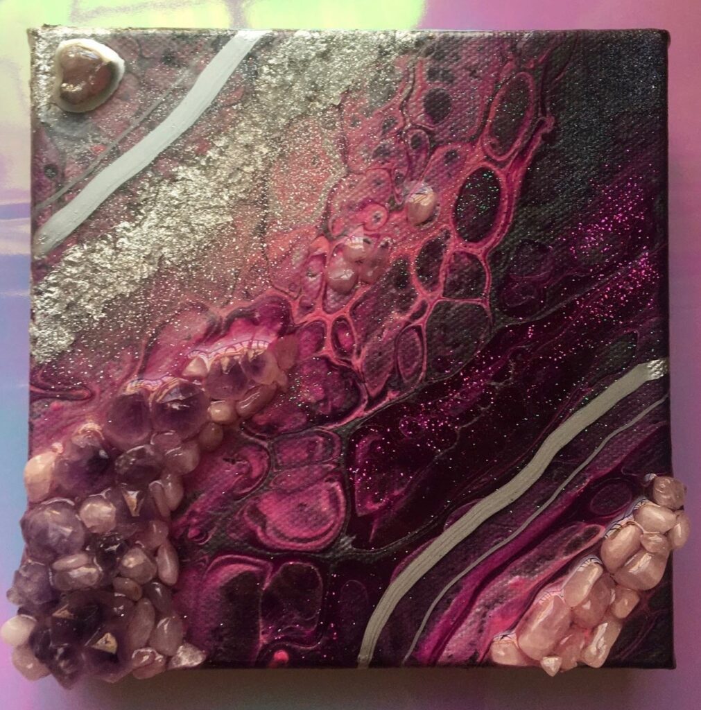 Acrylic fluid painting, crystals, paint marker and resin. 6x6”